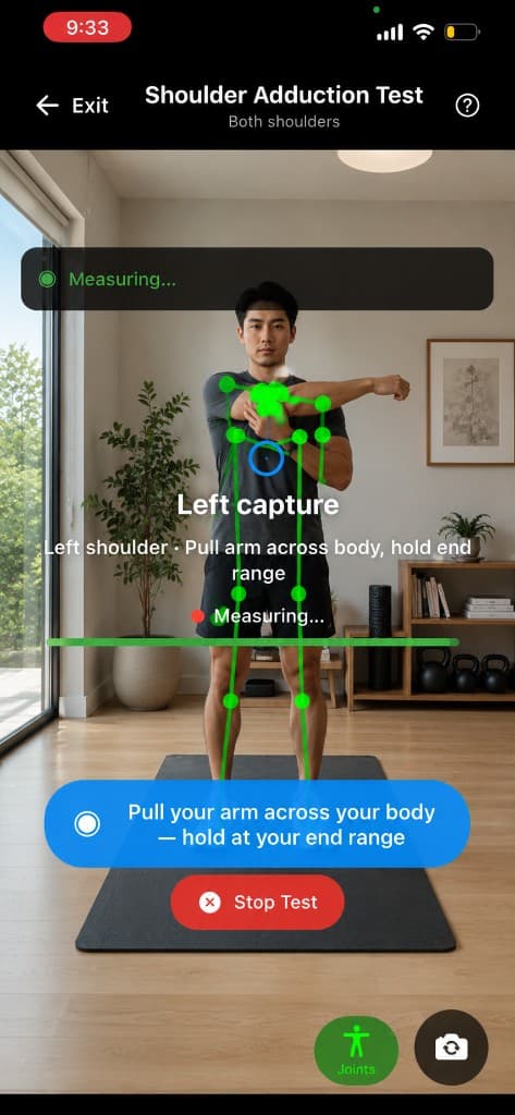 Live SUPL shoulder assessment with pose tracking overlay